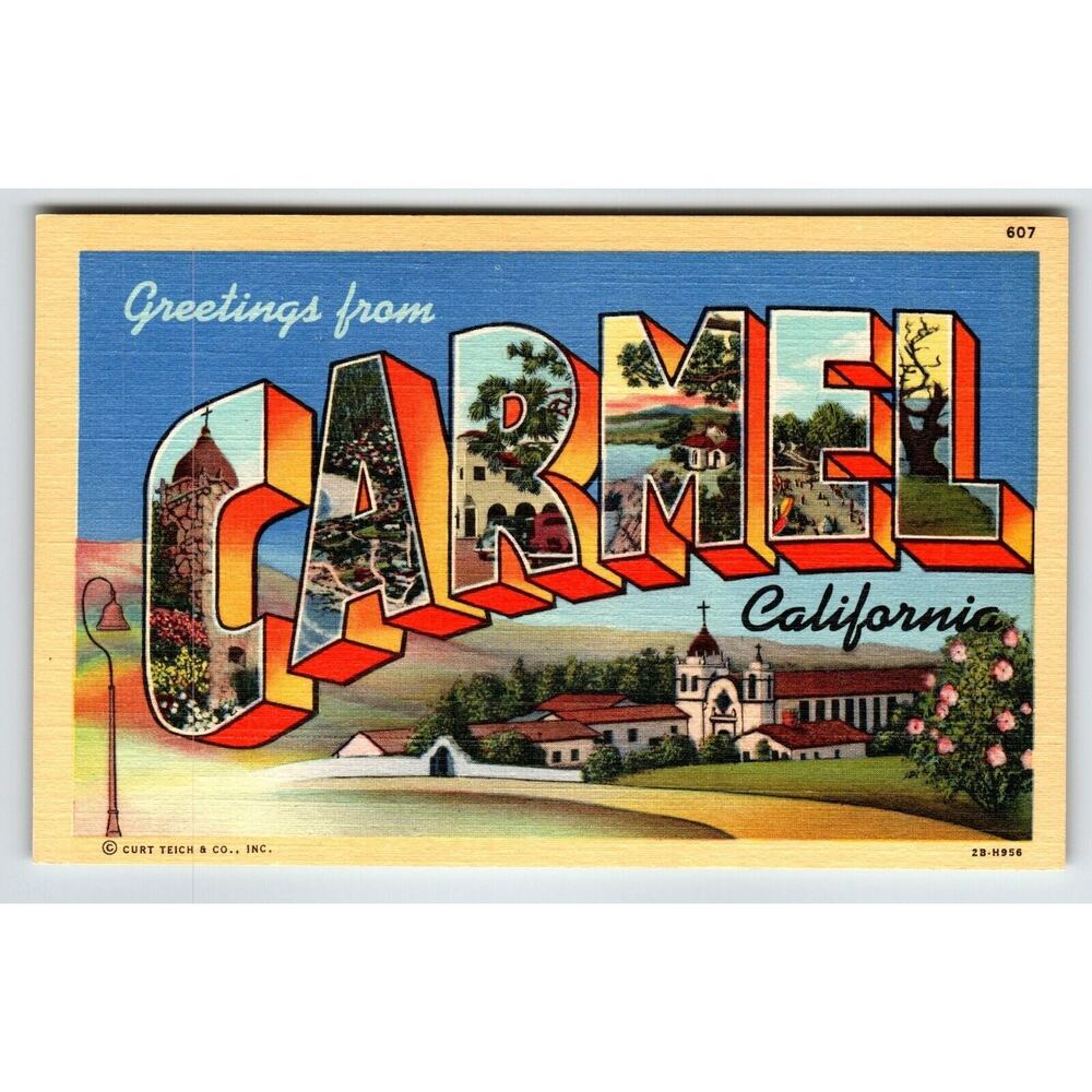 Greetings From Carmel California Large Big Letter Linen Postcard Curt Teich